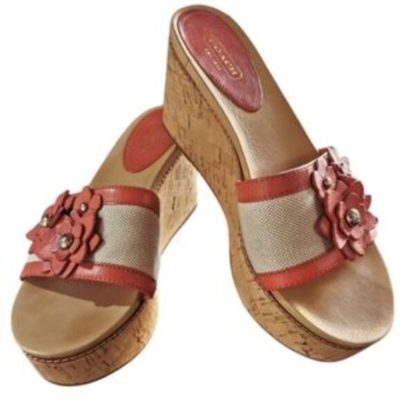 COACH Jesaca Canvas/Vachet Floral Leather Cork Wedges Sandals Sz 6.5 - Picture 1 of 6